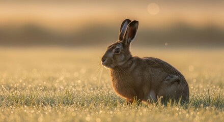 Alert European Hare in Golden Light, Meadow Habitat.