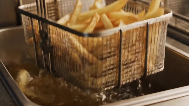 French fries cooking in hot oil in a metal fryer