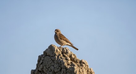 Alert Fawn-Colored Lark Perched Atop Weathered Rock Formation.