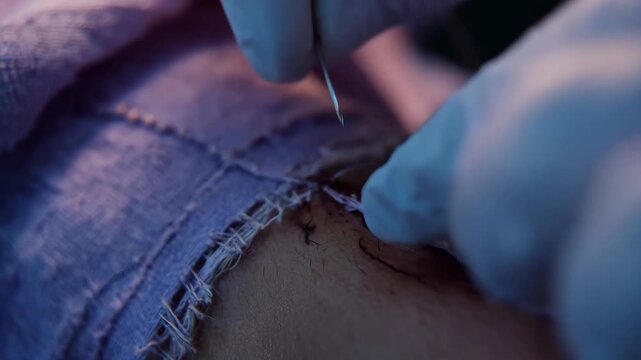 Medium shot capturing nurse inspecting a healing surgical incision skin texture and stitches clear while the surrounding environment is softly blurred.