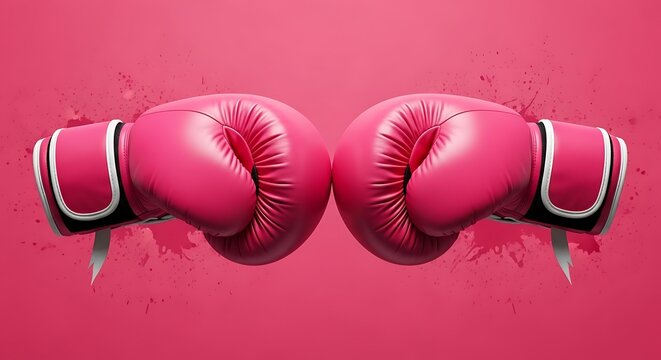 A pair of pink boxing gloves on a pink background with splatters