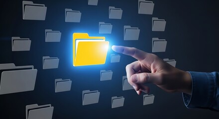 Hand selecting a glowing yellow folder icon among many gray ones on a dark background with a futuristic feel