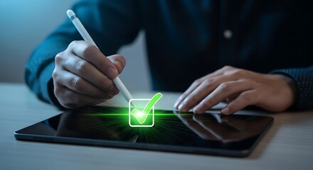 Person using a digital tablet with a stylus and a green checkmark on the screen