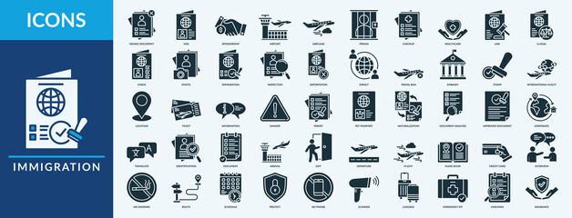 Immigration - Icon Collection. Thin Glyph Solid Set contains such Icons as visa, airplane, airport, deportation and more. Simple web icons set