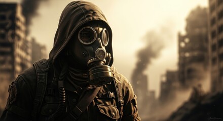 Post-apocalyptic survivor in a gas mask and hood, standing amidst ruined city.