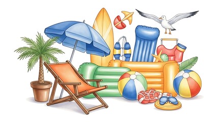 Colorful beach vacation objects including inflatables and palm tree isolated on white background