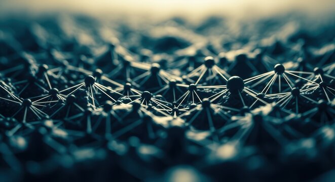 Abstract network of glowing nodes and lines, representing data connections and technology. - Powered by Adobe