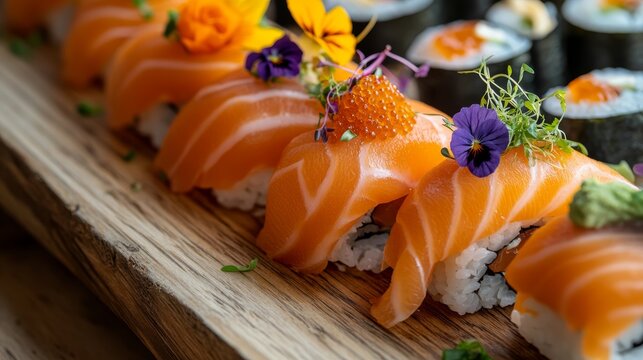 Artisanal salmon sushi collection on textured wooden serving board, featuring thick-cut salmon nigiri with wasabi between fish and rice, inside-out California rolls with salmon outside, traditional