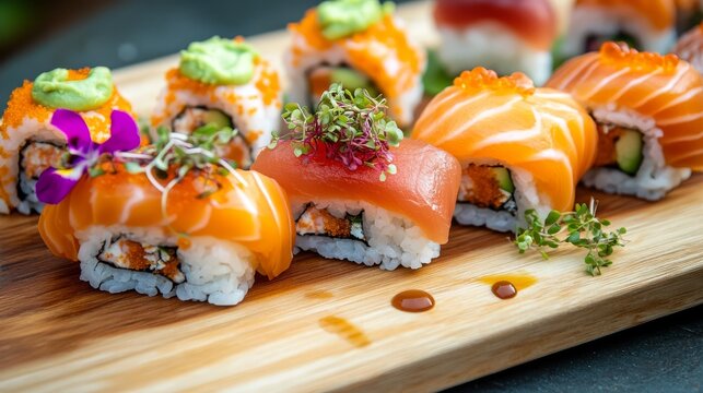 Artisanal salmon sushi collection on textured wooden serving board, featuring thick-cut salmon nigiri with wasabi between fish and rice, inside-out California rolls with salmon outside, traditional
