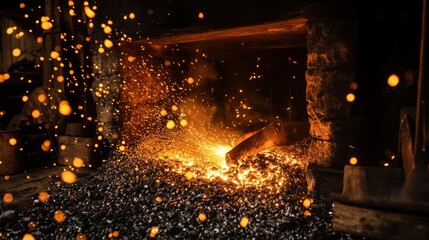 Master blacksmith's coal forge blazing with intense heat, molten metal resting among glowing coals in historic Cortland workshop, shower of golden sparks against dark rustic interior, dramatic