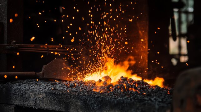 Traditional blacksmithing coal forge radiating fierce heat in rustic Cortland workshop, brilliant orange flames licking upward as sparks cascade through darkness, moody atmospheric lighting capturing