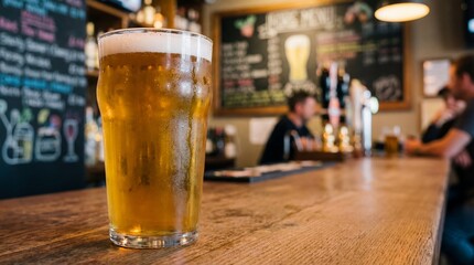 Cold golden beer in a glass on a wooden bar counter inside a cozy pub, with soft warm light, chalkboard menu and people blurred in background.