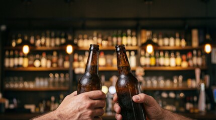 Two hands clinking cold beer bottles inside a cozy bar, warm ambient light and blurred shelves in the background, capturing friendship and celebration.