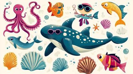 Obraz premium Retro-style cartoon underwater characters with vintage color palette, featuring seahorse with elaborate curled body and polka dot texture, whale with exaggerated spout and tiny happy eyes, dolphin