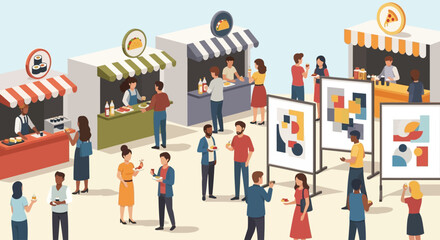 A delightful flat design illustration of a food vendor serving delicious street food at the Coconut Grove Arts Festival. This 2D vector highlights the culinary delights available at outdoor events.