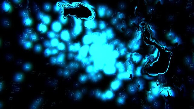 Blurry and glowing light particles animation on black background with distortions and glitch effects