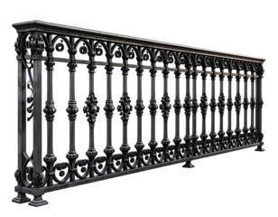 Ornate, dark wrought-iron railing with repetitive decorative elements