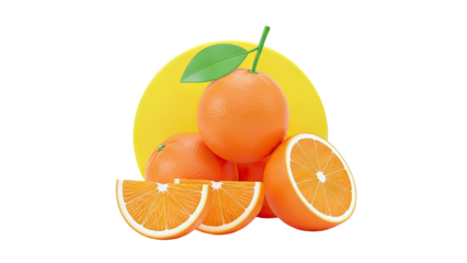 Oranges with Leaf and Slices on Yellow Circle