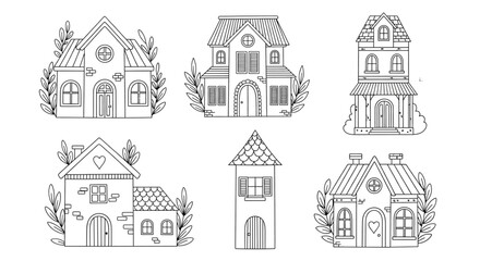 Obraz premium Whimsical Cartoon Houses Line Art for Kids Coloring Books Real Estate Marketing and Web Design