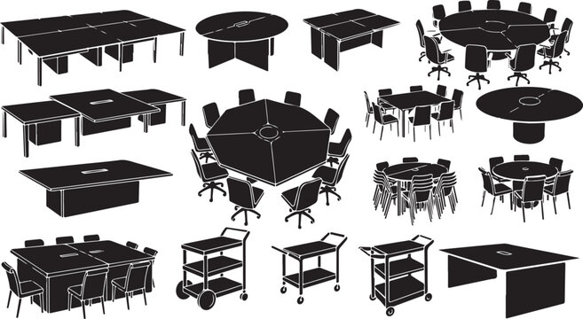 Office Furniture Set with Tables and Chairs Illustration