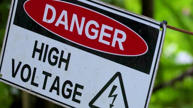 Close Up of Danger High Voltage Sign Swaying in Forest