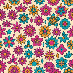 Colorful Groovy Floral Pattern with Retro 70s Style Flowers