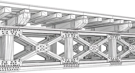 Fototapeta premium Detailed wireframe rendering of a robust steel truss bridge, showcasing intricate architectural engineering and structural design elements with precision