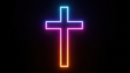 Obraz premium Vibrant neon glowing cross with gradient colors on a dark background symbolizing faith and modern