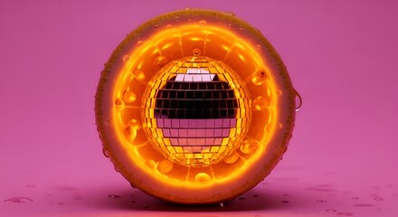 A reflective disco ball is nestled within a bright orange citrus fruit, illuminated with warm