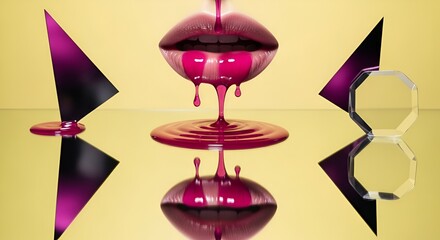 Abstract geometric forms and a close-up of luscious lips with vibrant pink liquid dripping, evoking