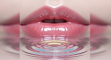 Close-up of glossy, plump lips with a subtle pink tint, reflecting gently on a rippling, iridescent