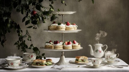 Fototapeta premium Elegant three-tiered porcelain stand displaying perfectly cut cucumber sandwiches, freshly baked scones with clotted cream and strawberry preserves, and delicate petit fours, accompanied by fine bone