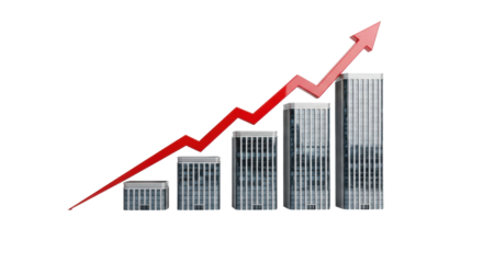 Five ultra-modern glass-and-steel skyscrapers forming a precise bar graph, reflected on polished white, cut by a dynamic scarlet arrow, conceptual metaphor for financial market expansion