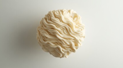 Overhead shot of perfectly coiled instant ramen noodles floating against pristine white background, visible wavy texture and individual strands creating intricate pattern, professional product