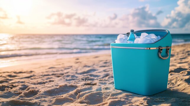 Premium insulated cooler box in vibrant aqua blue with silver accents, lid partially open revealing neatly packed ice and assorted beverages, sitting on golden sandy beach with ocean horizon, soft