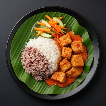 Nasi Dagang. A mix of steamed white and reddish-brown glutinous rice cooked in coconut milk. Served with "Gulai Ikan Tongkol" (tuna curry) and a side of pickled carrots and cucumbers (acar). Presented