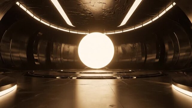A dimly lit, futuristic room with a large, glowing orb at the center, surrounded by metallic walls and illuminated ceiling strips.