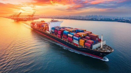 Naklejka premium Global supply chain disruptions affect shipping operations at ports worldwide during sunset hours