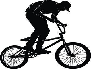 Naklejka premium Professional BMX rider silhouette performing stunt on bicycle, extreme sports athlete in cap riding bike, isolated vector illustration for urban cycling, action, and competition,