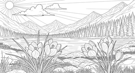 Spring Crocus Flowers Landscape Coloring Page for Kids Adults Relaxation Nature Art