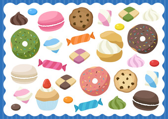 スイーツビュッフェ ティータイムを彩るカラフルな洋菓子とデザート スイーツのイラスト素材セット