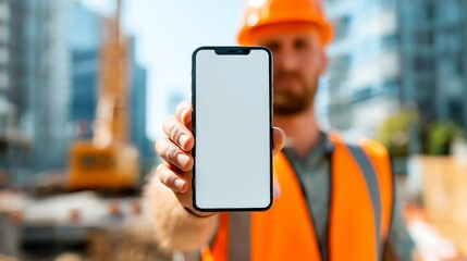 Naklejka premium Phone mockup. Construction worker in an orange helmet and vest holds a phone with a white screen in his hand against the background of the construction site. Job for an engineer, contractor, worker
