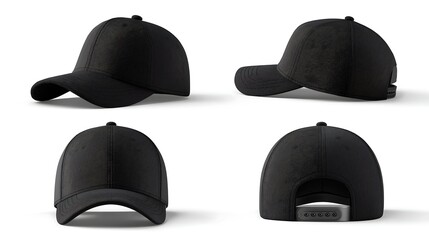 Black baseball cap mockup template with front, back, and side views isolated on a white background