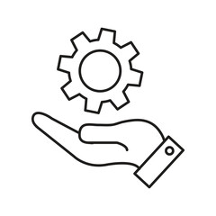 Gear in Hand Editable Stroke Outline Icon, Technical Assistance Hand with Gear Editable Outline Vector Icon..eps