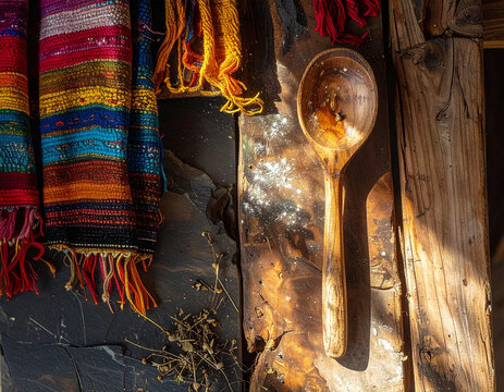 Rustic culinary still life with vibrant woven fabric and wooden spoon, symbolizing food and culture 