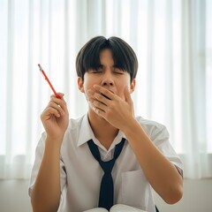 Tired male student in uniform yawning and covering mouth holding red pencil by window with curtains