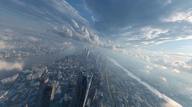 Aerial view of a futuristic city with skyscrapers, river, and dramatic cloudscape