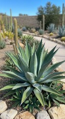 Fototapeta premium Agave plant in a desert garden with pathway.