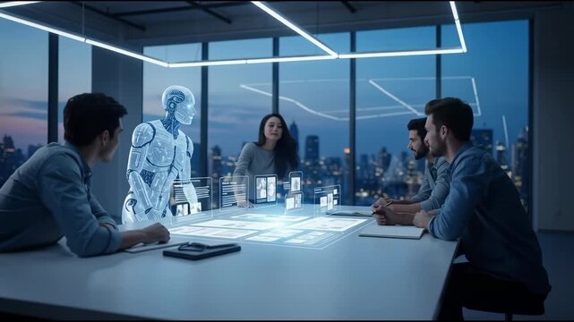Artificial intelligence robot interacts with a diverse business team during meeting