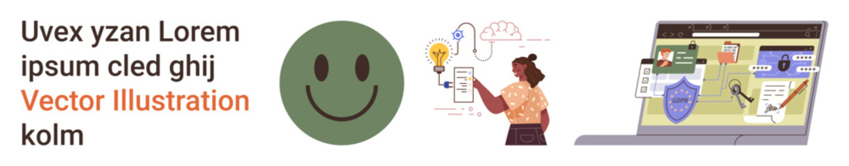 Fototapeta premium Cybersecurity, digital services, identity protection, innovation concepts, web authentication, personal security. happy face, person with a light bulb, and a laptop displaying a security interface